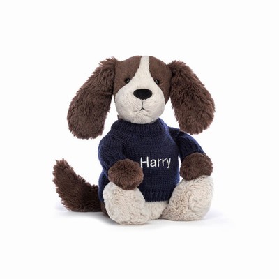 Jellycat Bashful Fudge Puppy with Navy Jumper USA | 52491OMCL